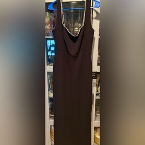 Elegant black sleeveless long dress with rhinestone trim detail, size XL